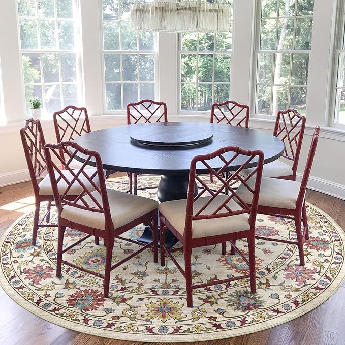 Washable Round Area Rug 8ft - Cream Colorful Traditional Floral Living Room Circle Rug 8x8 Non-Slip Vintage Bohemian Dining Room Carpet Soft Vintage Boho Round Rugs for Bedroom Office Entryway