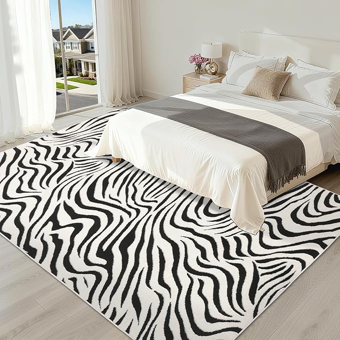 YIHOUSE 5×7 Ft Area Rugs for Living Room: Modern Washable Rug - Abstract Black and Cream White Rug for Bedroom Dining Room Office Playroom Nursery Home Decor - Nonslip Non-Shedding Striped Rugs