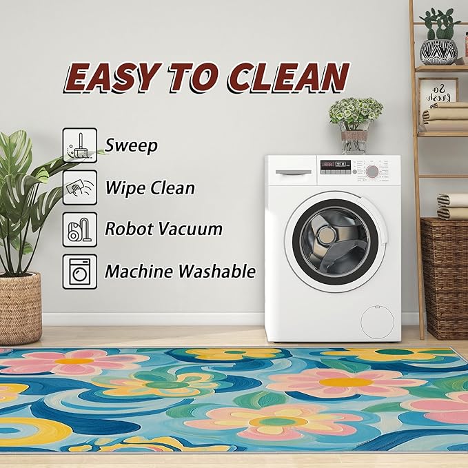 Floral Rugs for Living Room - 5x6ft - Modern Artistic Flower Rug for Bedroom Non Slip Low Pile Machine Washable Area Rugs, Floral Carpets House Decor & Gifts