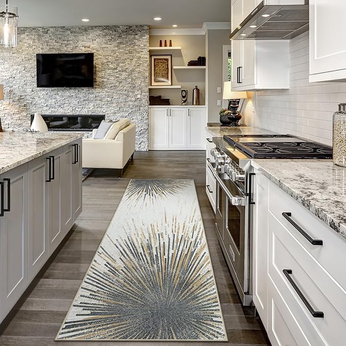 Lahome Modern 2.5x8 Rug Runners for Hallways Non Slip - Ultra-Thin Washable Kitchen Runners, Abstract Print Low-Pile Carpet Rug for Living Room Foyer Entryway (Gold/Gray, 2'5''x8')