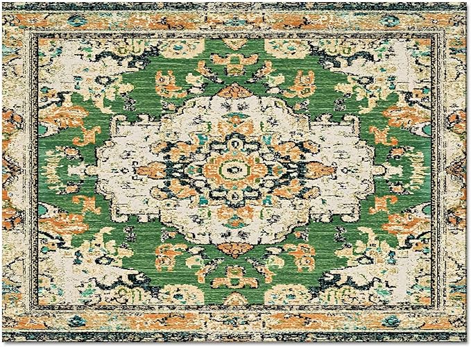 Bohemian Pattern Rectangular Area Rugs for Living Room Bedroom 3 x 5 ft Green & Orange Abstract Non-Shedding Soft Low Pile Rug Non Slip Washable Rug for Nursery Entryway Playroom