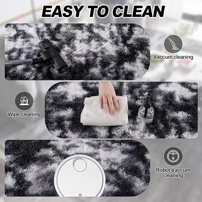 Plush Rug for Living Room Shaggy Area Rug High Pile Fuzzy Rug Non-Slip Indoor Floor Carpet Plush Area Rugs for Living Room Tie Dye Black White 5x7
