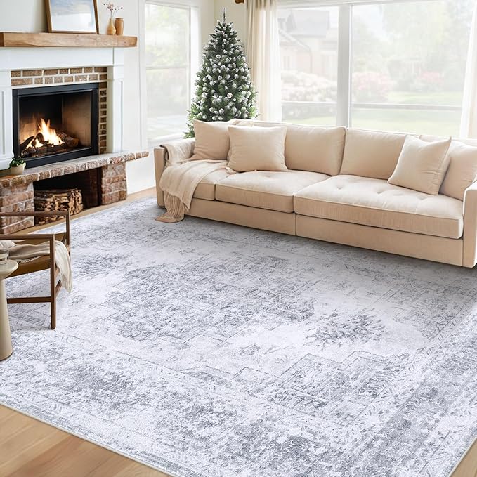 Area Rug 6x9 Living Room Rug, Machine Washable Vintage Distressed Medallion Rug Non-Slip Soft Low Pile Large Indoor Rugs for Bedroom Kitchen Dining Room Office(LightGrey,6'x9')