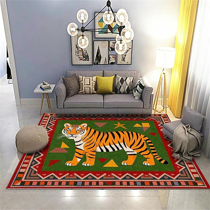 Colorful Tiger Pattern Area Rug, 5x8ft,Stylish Geometric Border Tiger Rug, Add Unique Charm To Your Home,Cute Animal Print Pattern Rugs Suitable for Children's Room Living Room Bedroom Farmhouse