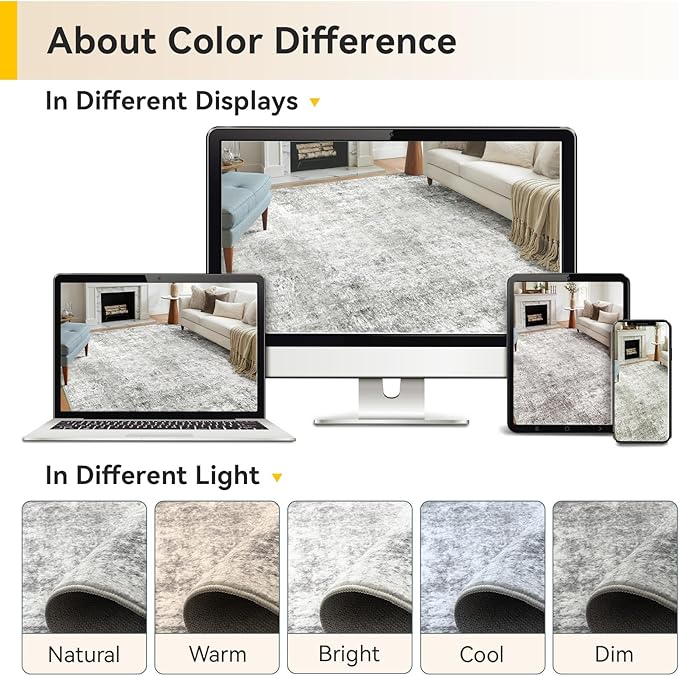 Washable Area Rugs 4ft Non-Slip Modern Abstract Soft for Living Room Entryway Bedroom Nursery, Print Pattern, Gray White Grey