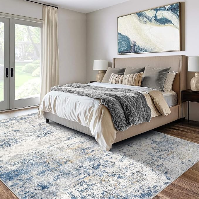 Area Rug Living Room Rugs - 5x8 Abstract Large Soft Indoor Washable Rug Neutral Modern Low Pile Carpet for Bedroom Dining Room Farmhouse Home Office - Blue