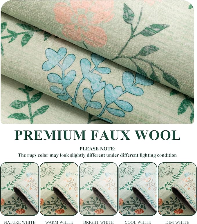 YIHOUSE 6x9 Washable Rug for Bedroom, Green Floral Rugs for Living Room Non Slip Ultra-Thin Large Boho Rug for Kids Playroom, Classroom, Girls Dorm, Nursery, Green Multi