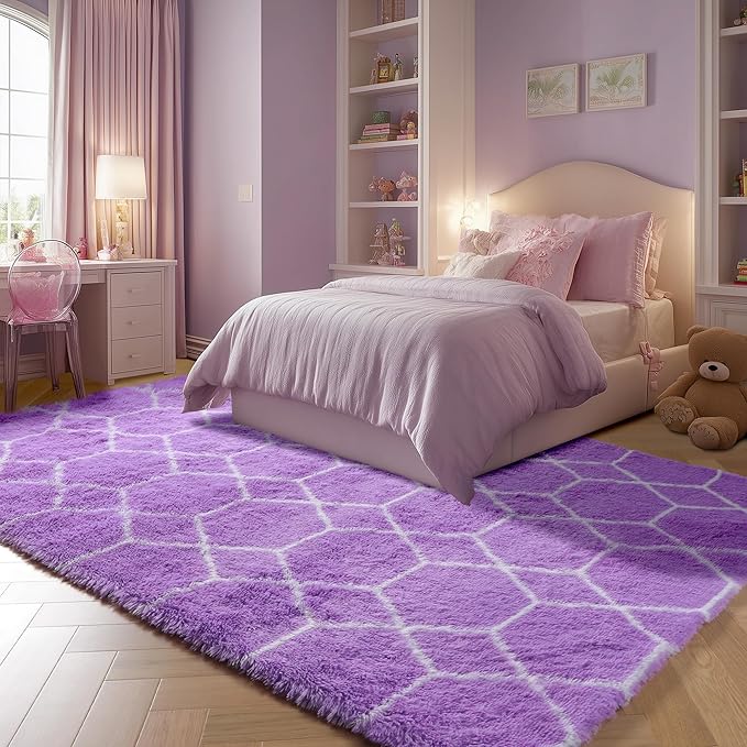 ONASAR Area Rugs for Bedroom Living Room, Washable 4x6 Fluffy Purple and White Throw Rug, Boho Geometric Soft Shaggy Fuzzy Plush Indoor Floor Carpet for Kids Teen Nursery Dorm Home Decor Aesthetic
