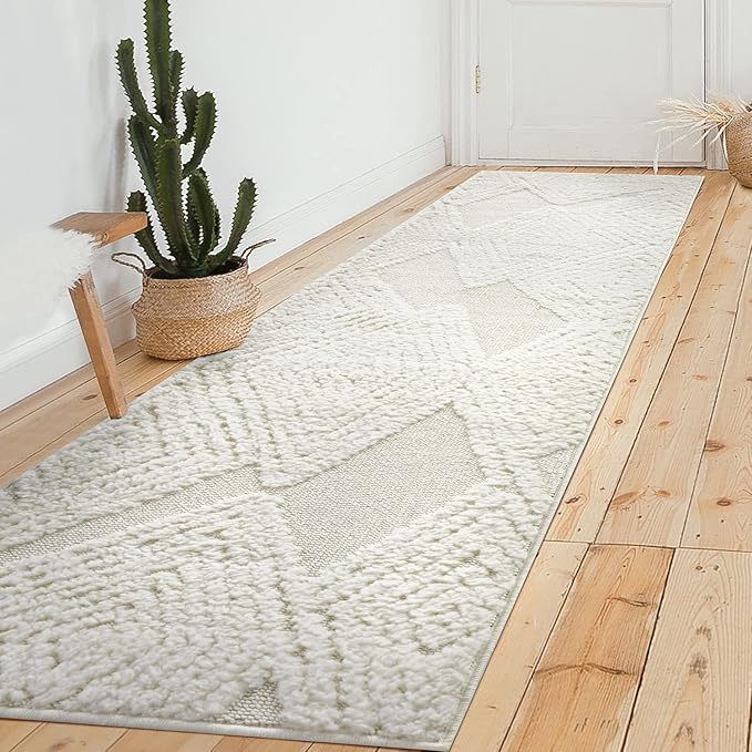 Antep Rugs Palafito 2x10 Geometric Shag Diamond High-Low Pile Textured Indoor Runner Rug (White, 2' x 10')