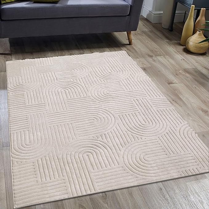 SHACOS Soft Cozy Fluffy Arch Pattern High Low Pile Area Rugs 3'x5' Non Slip Washable Scandinavian Minimalist Rug Modern Geometric Arc Carpet for Living Room Bedroom Dining Room, Beige