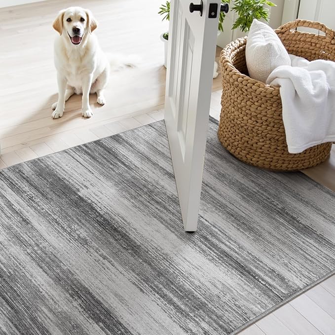 PADOOR Modern Abstract Runner Rug - 2x5 Washable Hallway Rugs, Ultra Soft Non-Slip Low Pile Floor Rugs for Hallway Entryway Kitchen Bedroom Bedside Laundry Room Black