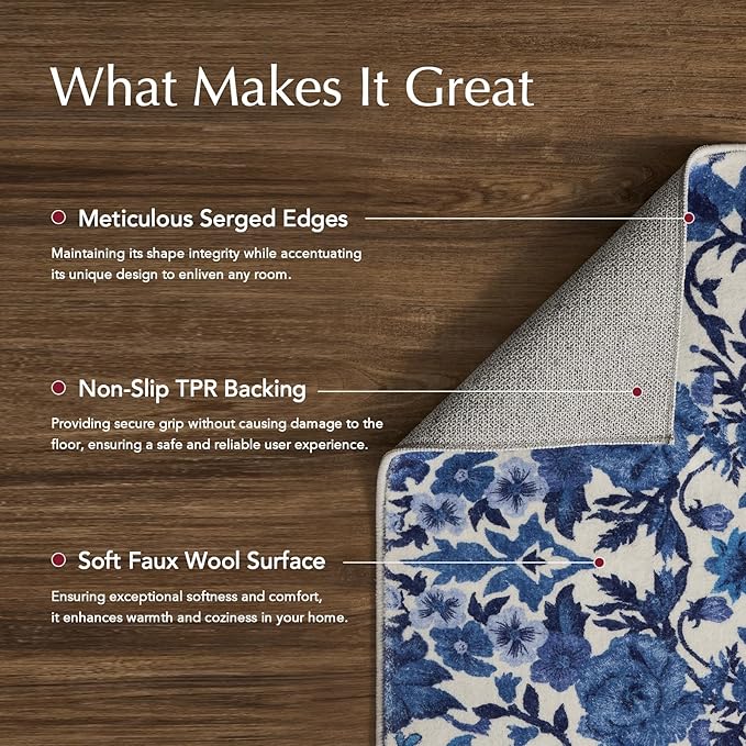 EVERGRACE Hallyway Area Runner Rugs 2x6, Boho Floral Faux Wool Indoor Outdoor Rugs, Washable Rugs for Bedroom Bathroom Living Room Kitchen, Low Pile Floor Mat Carpet for Home Decor, Celtic Blue