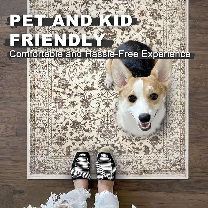 KILOCOCO Hallway Runner 2x7 Rug Runner Printed Vintage Floral Washable Kitchen Runners Non-Slip Rubber Backed Runners for Hallways Laundry Room Distressed Boho Rugs for Entryway Bedroom, Beige/Brown