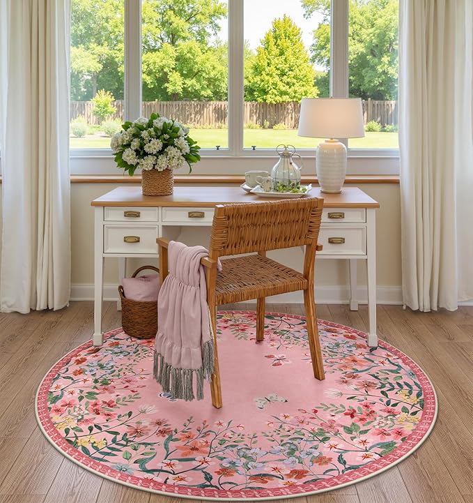 Wonnitar Washable 5ft Round Area Rug, Pink Floral Living Room Rugs for Bedroom Girls, Low Pile Soft Botanical Throw Carpet for Kids Nursery Room (Pink,5ft-Round)