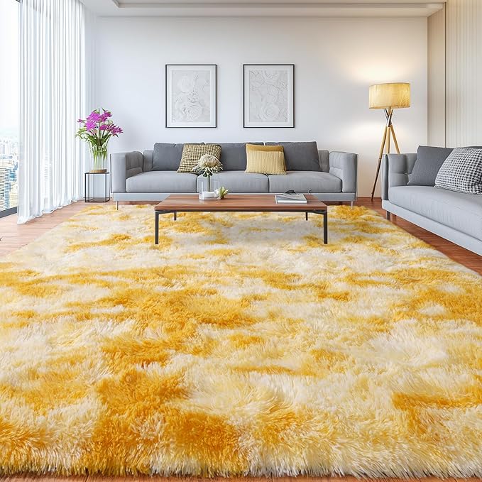 Upgrade Non-Slip Plush Rugs for Living Room, Soft Shaggy Carpets for Living Room, Fuzzy Rugs for Kids' Room, Perfect Decor for Modern Home Tie Dye Yellow 8x10Feet