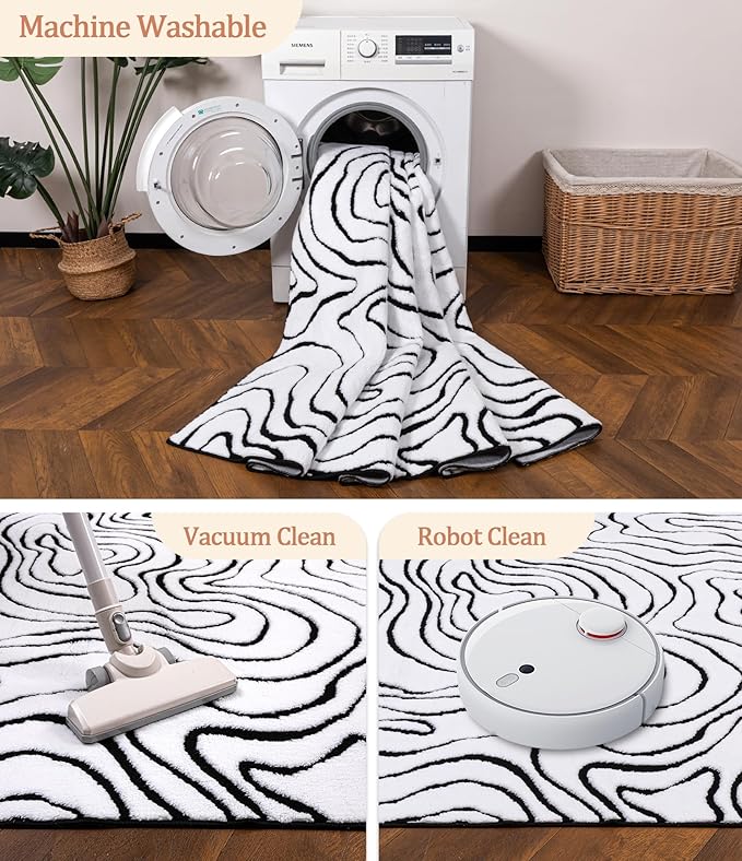 YIHOUSE Modern Rugs for Living Room 5x7, Washable Black and White Bedroom Rug, Fluffy Geometric Dining Room Rugs for Under Table Home Decor