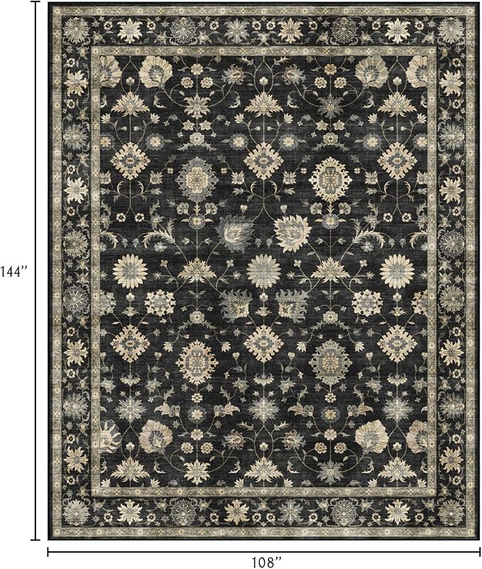 Area Rugs 9x12 Living Room - Large Washable Charcoal Black Boho Rugs for Bedroom Soft Vintage Rug Ultra-Thin Traditional Floral Carpet Moody Farmhouse Rug for Dining Room Guest Room Home Decor