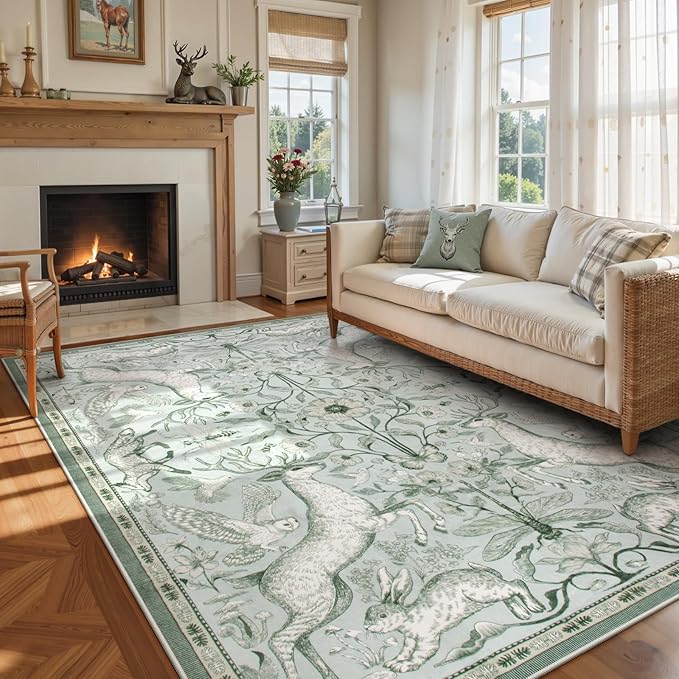 Lahome Boho Animal 6x9 Washable Living Room Area Rugs, Green Soft Rugs for Bedroom, Botanical Large Boho Non Slip Dining Room Carpet for Under Table Office Kids Playroom (6x9ft,Light Green)
