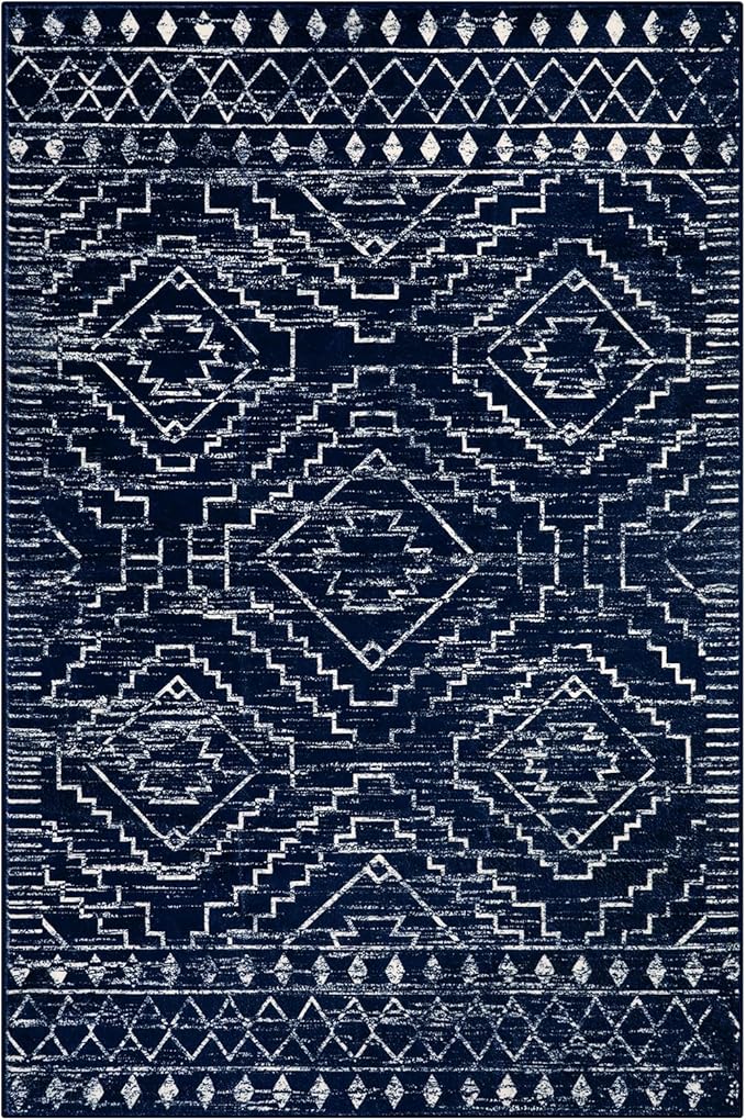 Wonnitar Moroccan Washable Area Rug 4x6, Blue Rugs for Living Room, Non-Slip Boho Bedroom Throw Mat, Non-Shedding Large Geometric Low Pile Floor Carpet for Home Office Mudroom Kitchen (Blue,4'x6')
