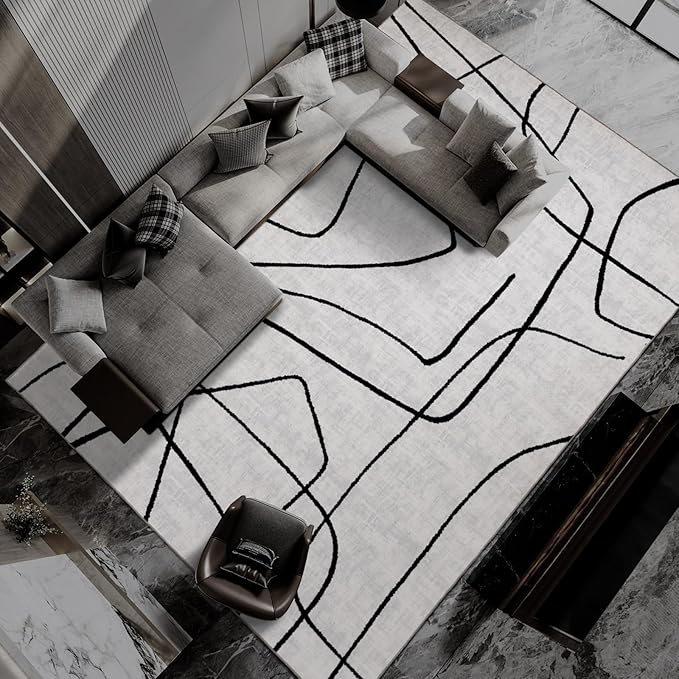 YIHOUSE Modern Washable Area Rug for Living Room Bedroom - Large Abstract Black and White Rug Non-Slip Ultra-Thin Home Decor (Abstract, 9'x12')
