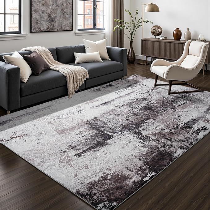 Toneed Abstract Area Rug Modern Washable Rug Soft Non Slip Rug Low Pile for Bedroom Living Room Dining Room Coffee Brown 9x11 Feet