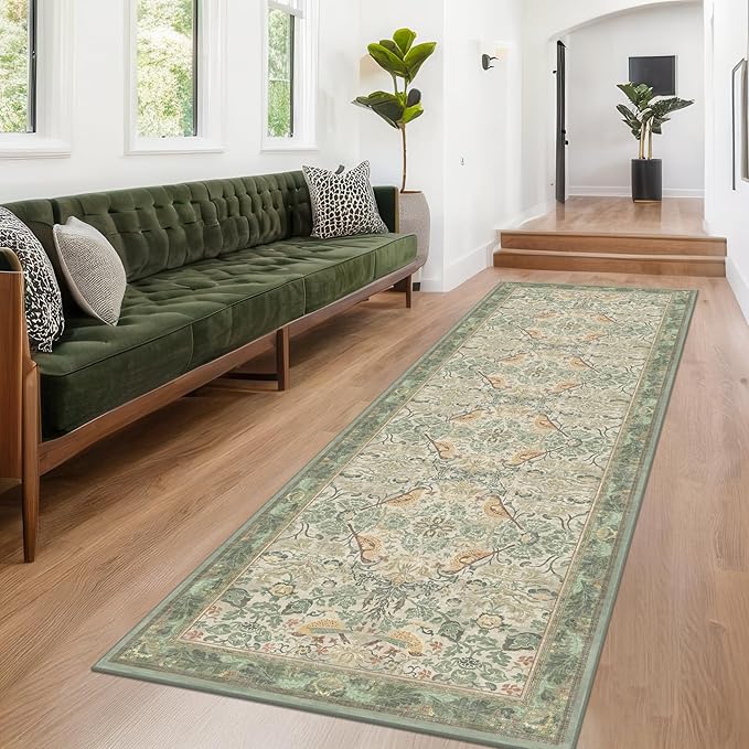 12ft Extra Long Vintage Runner Rugs for Hallways - 3x12 Wide Kitchen Runners, Entryway Rug, Sage Boho Design with Flowers and Leaves, Washable Non Slip Low Pile