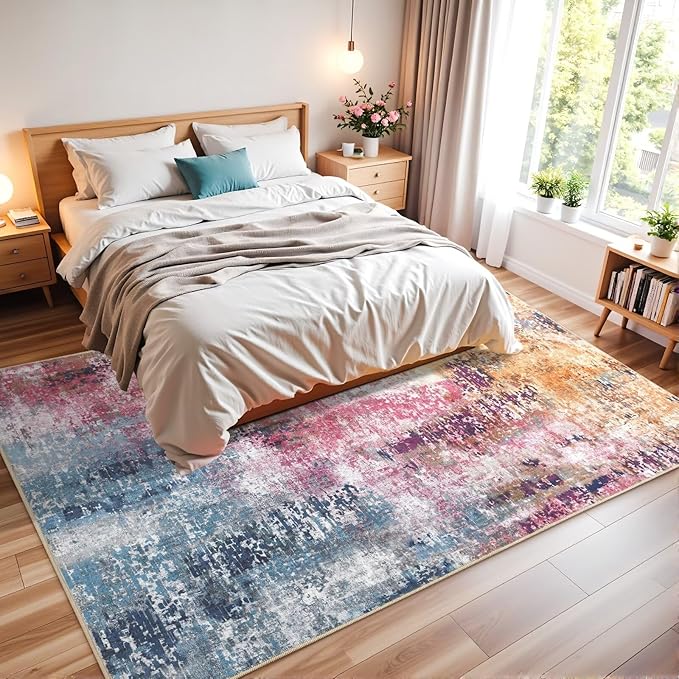 Washable Abstract Rug, 5x7 Modern Area Rugs with Non-Slip Rubber Backed for Living Room, Thin but Soft Contemporary Carpet Kitchen Bedroom Dining Room Decor, Galaxy