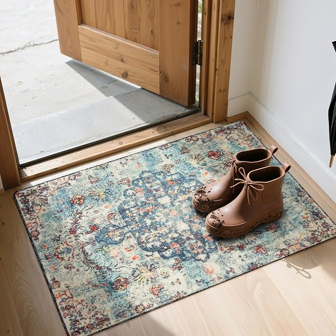 Lahome Bohemian Floral Medallion Area Rug - 2x3 Vintage Teal Distressed Small Entryway Rug Turkish Doormat Faux Wool Non-Slip Washable Low-Pile Carpet for Bathroom Kitchen Laundry Room Decor
