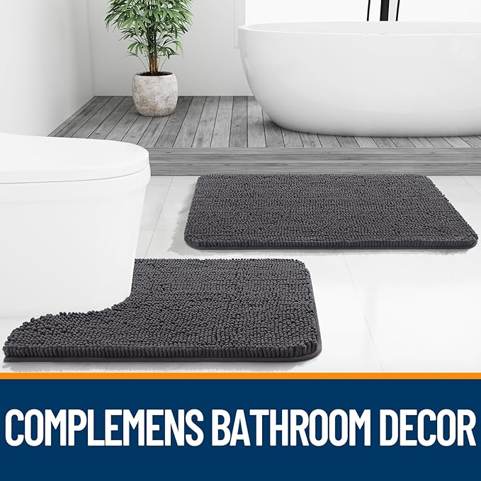 OLANLY Toilet Rugs U-Shaped 24x20, Extra Soft Absorbent Chenille Contour Bathroom Rugs for Toilet, Dry Quickly, Machine Washable, Non-Slip Bath Mat, Dark Grey