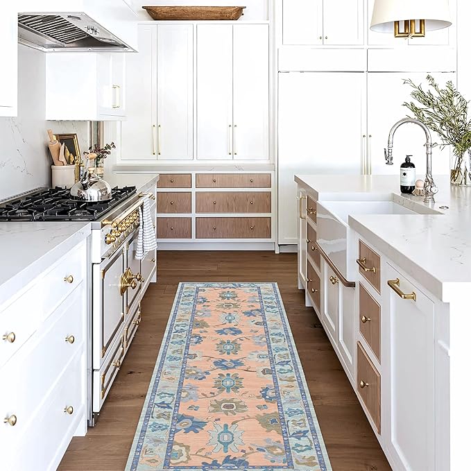 Fame Living Modern Oushak Runner Rug, Runners, Vintage, Turkish, Eclectic, Floral, Pastel, Washable, Long Runner Rugs for Hallway, Kitchen, Living Room, Bedroom, Kitchen, Bathroom, 2'5"x13'