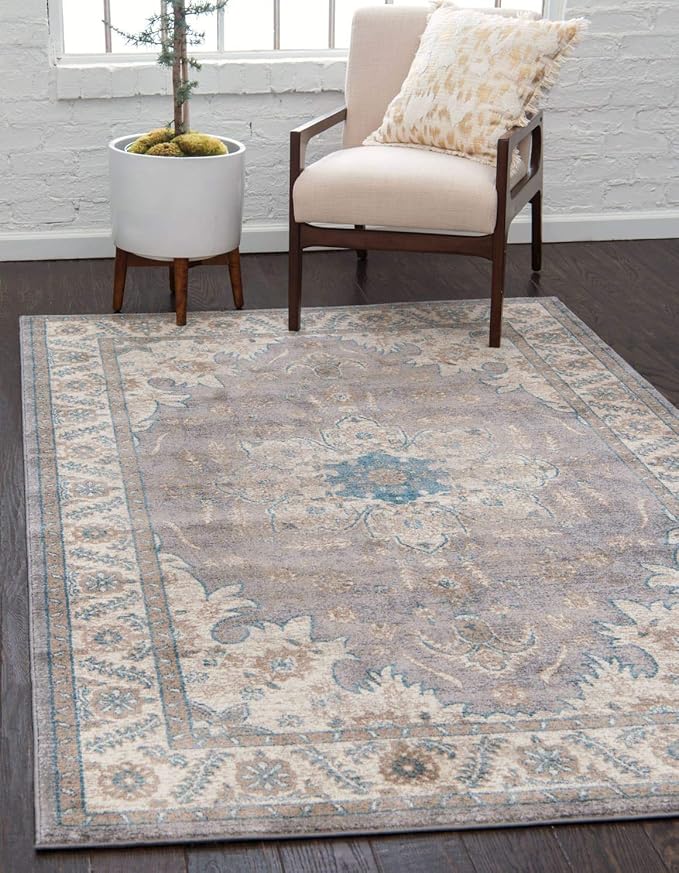 Unique Loom Salzburg Collection Classic Traditional Design Oriental Inspired Border Area Rug (7' 0 x 10' 0 Rectangular, Gray/Beige)