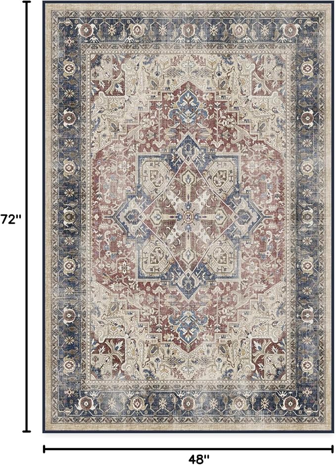 RUGGABLE Washable Area Rug – Kamran Royal Blue 4x6, Stain-Resistant, Non-Slip – Medium Machine Washable Rugs for Living Room, Bedroom, Hallway, Entryway & Office–with Cushioned Pad