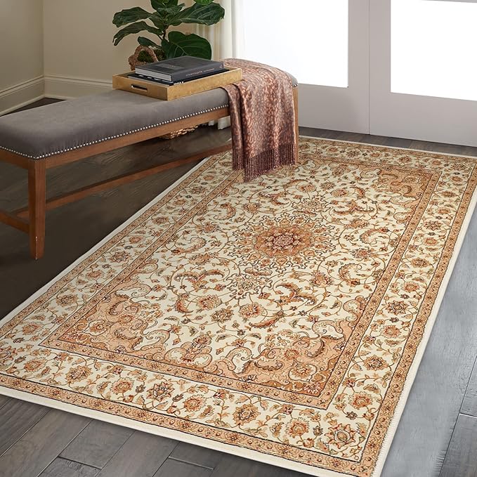 COMSLE Boho Area Rug, 3' x 5' Machine Washable Rugs for Entryway Faux Wool Large Rugs Distressed Throw Rug Non-Slip Floor Carpet for Indoor Bedroom Kitchen Living Room Cream/Beige-2