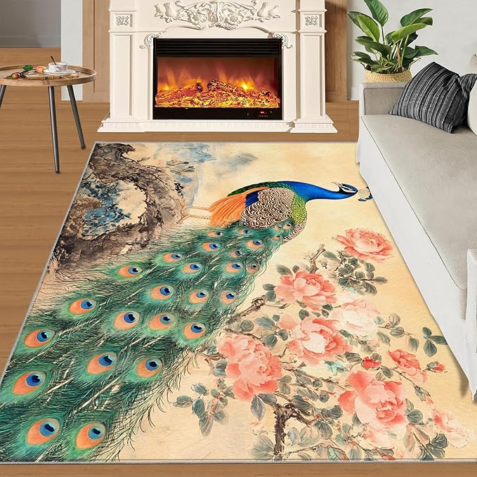 Peacock Peony Flower Area Rug 6x9-6x9 Rug, Classic Peacock Peony Rugs for Living Room, Oriental Carpet, Floral Animal Washable Area Rugs for Bedroom, Aesthetics Carpet - Peafowl Home Decor & Gifts