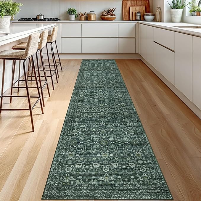 Runner Rug 2.6x12, Dark Green Washable Long Hallway Rug Runner Non-Slip Soft Kitchen Runner Thin Printed Faux Wool Super Soft Carpet for Entryway Bedroom Laundry Room Indoor Home Decor