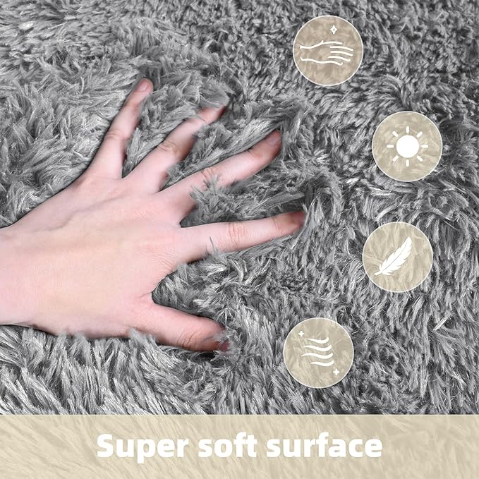 2x3 Solid Fluffy Grey Area Rug – Washable, Durable,Small Bedroom Rug, Non-Slip High Pile Shag Rugs for Living Room, Bedroom, Bedside, Dorms, Nursery Rooms, Kids Room, Soft Indoor Floor Carpet