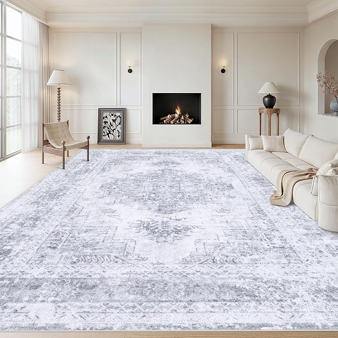 Area Rug 9x12 Living Room Rug, Machine Washable Vintage Distressed Medallion Rug Non-Slip Soft Low Pile Large Indoor Rugs for Bedroom Kitchen Dining Room Office(LightGrey,9'x12')
