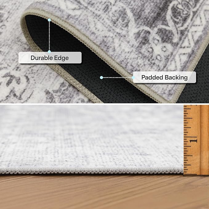 ReaLife Rugs Machine Washable Area Rug - Living Room Bedroom Bathroom Kitchen Entryway Office - Padded Low Pile Stain Resistant Premium - Boho Farmhouse Vintage - Noor - Silver Ivory 7'6" x 9'6"