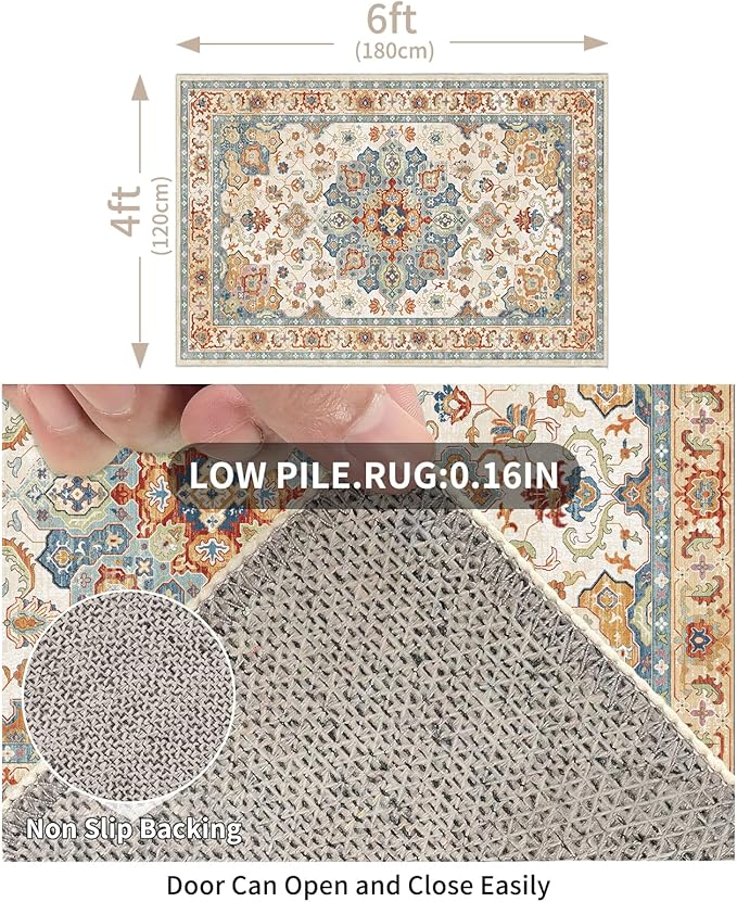 Enkor Area Soft Rugs 4x6 Washable Non Slip Boho Floor Rugs for Living Room Bedroom, Vintage Style Farmhouse Mat for Kitchen Entryway Orange & Beige