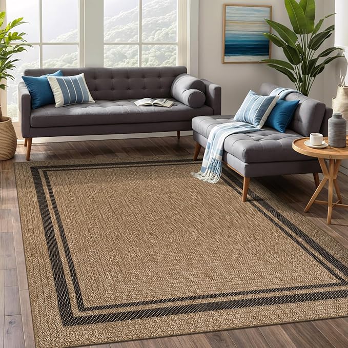 Beverly Rug Easy Jute Bordered Rug 8x10 Washable Durable Indoor Outdoor Area Rugs for Living Dining Room Patio Office Stain Resistant Non Shedding Casual Indoor Outside Carpet 8 x 10 Natural