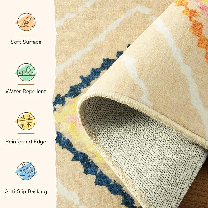 Area Rug 9x12 Rug Machine Washable Non-Slip Low Pile Print Pattern Western Rug for Living Room Bedroom Entryway Tribal Series -Cream/Beige
