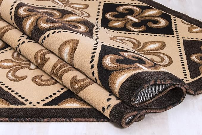 Allstar 8x10 Black Modern Rectangular Accent Rug with Ivory and Mocha Floral Fleur De Lis Diamond Design (8' x 10')