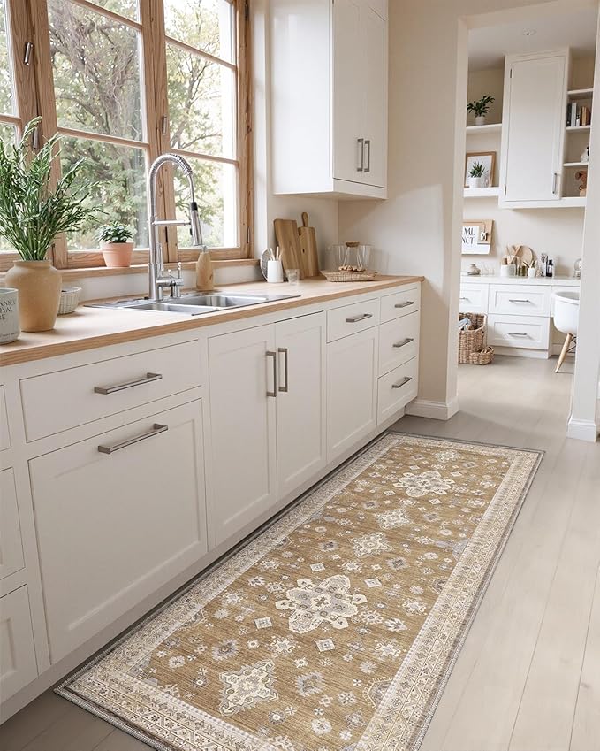 DEXI Hallway Runner Rug 3x8, Distressed Non Slip Runners Carpet, Boho Vintage Soft Thin Indoor Rug, Stain Resistant Washable Entry Mat for Entryway Kitchen Laundry Room Living Room, Light Brown