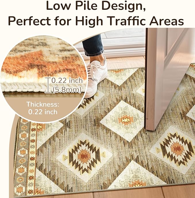 Area Rug 2x6 Rug Machine Washable Non-Slip Low Pile Print Pattern Western Rug for Living Room Bedroom Entryway Tribal Series -Cream/Camel