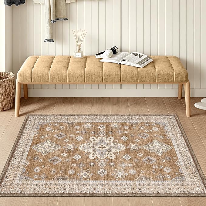 LUMI Indoor Thin Door Mat, 36x59 Washable Small Inside Doormat, Non Slip Low Pile Oriental Floor Carpet, Vintage Distressed Area Rug for Front Door,Entrance,Bedroom, Amber