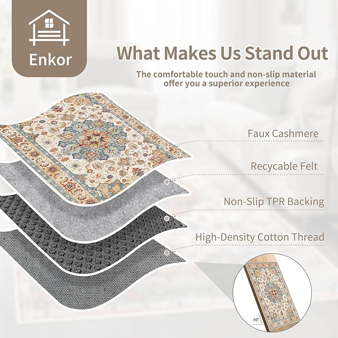 Enkor Area Soft Rugs 6x9 Washable Non Slip Boho Floor Rugs for Living Room Bedroom, Vintage Style Farmhouse Mat for Kitchen Entryway Orange & Beige
