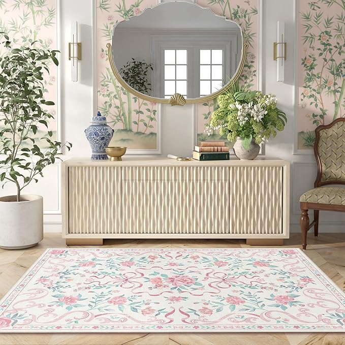 Pink Rug Bow Floral Rug 3x5, Washable Boho Area Rugs Non Slip Low Pile Carpet for Girls Room Bedroom, Bedside, Kitchen, Entryway, Kids Room, Soft Ultra-Thin Indoor Elegant Rugs