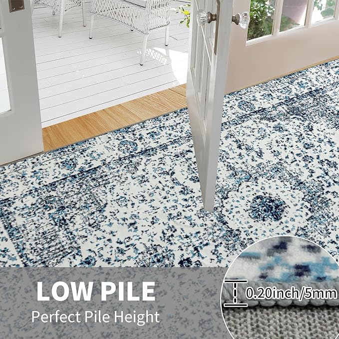 Easy-Going Large Area Rug 8x10 Washable Boho Rugs for Living Room Non-Slip Bedroom Rug Low Pile Lightweight Floral Print Vintage Throw Rug for Dining Room Kitchen Home Office Carpet, Blue Cream