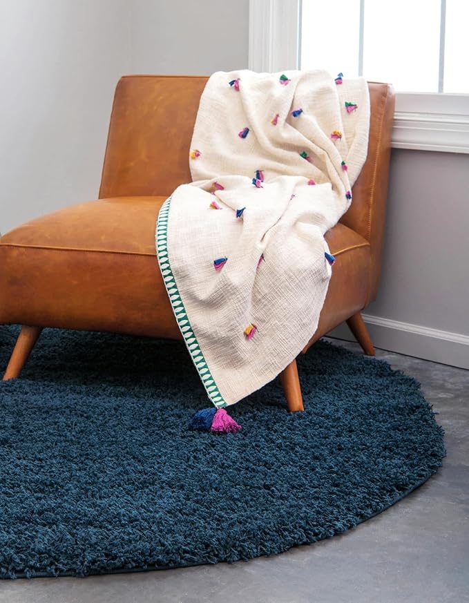 Unique Loom Solid Shag Collection Area Rug (10' 2" Round, Sapphire Blue/ Navy Blue)