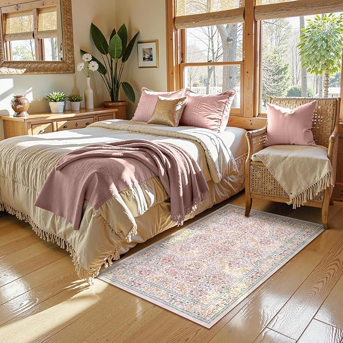 Lahome Floral Entryway Rug, 2x3 Kitchen Rugs Non Slip Washable Boho Pink Forest Design, Soft Door Mat Indoor Entrance, Ultra-Thin Easy Clean Small Throw Carpet for Bedroom Bathroom, Pink